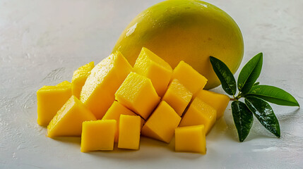 Sticker - Mango cut into cubes on a white background, one side displaying a whole yellow mango with green leaves, vibrant colors, fresh and juicy appearance, minimalistic design.