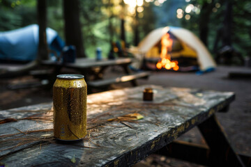 a can of beer sits on a table next to a tent and a fire