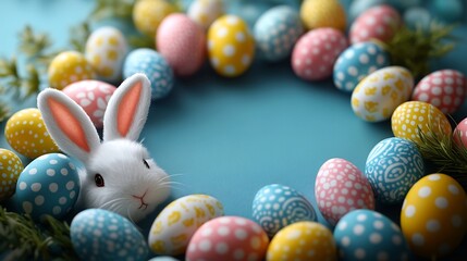 Poster - White bunny ears a circle of pastel pink blue yellow and white Easter eggs on a soft blue background The center of the image holds open copy space for an Easter greeting or invitation