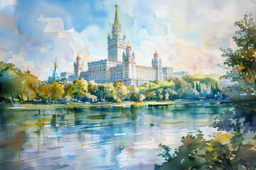 Wall Mural - A painting of a castle with a river in the background