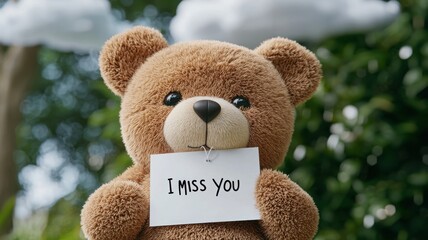 Teddy bear holding a sign saying 'I Miss You', with a lush green background.