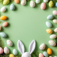 Poster - White bunny ears colorful pastel eggs scattered on a bright green background with a central area left open for text The vibrant design is ideal for an Easter party invitation or greeting