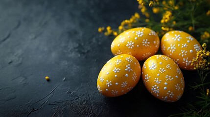 Fototapete - Yellow Easter eggs painted hand with delicate designs placed on a sleek dark surface The flat lay setup emphasizes the stylish simplicity leaving ample copy space for text or design elements