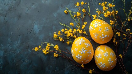 Poster - Yellow Easter eggs painted hand with delicate designs placed on a sleek dark surface The flat lay setup emphasizes the stylish simplicity leaving ample copy space for text or design elements