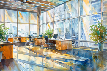 Poster - A painting of a large office space with a lot of natural light and plants