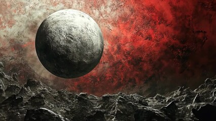 Wall Mural - a large, gray moon hangs in the sky above a rocky, alien landscape, bathed in the warm glow of a red