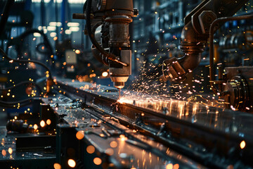 Poster - A machine is cutting metal with sparks flying