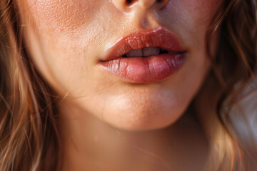 A woman's face with a red lip and a messy hair