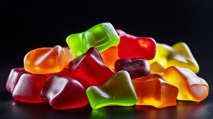  A group of gummy bears arranged on a black surface against a black background