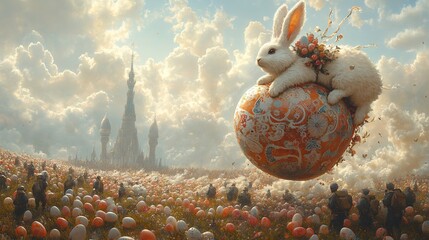 Poster - Majestic Easter bunny riding on the back of a giant decorated egg soaring through the clouds