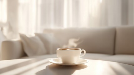 Wall Mural - A warm cup of coffee resting on a table in a cozy, sunlit living room during a calm morning. Generative AI