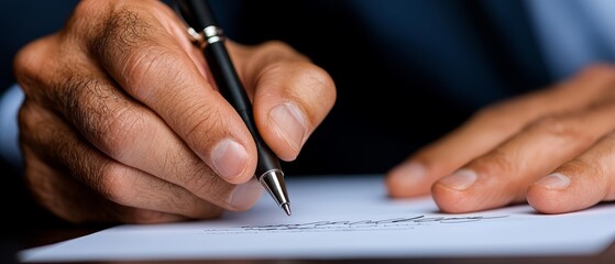  A close-up of a person writing on a sheet of paper with a pen in hand