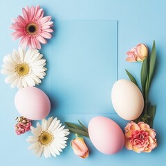 Fototapete - Easter eggs flowers paper blank pastel minimal blue background Arqum Aulakh50 relaxed