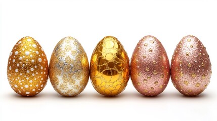Poster - Easter golden decorated eggs stand a row on white background