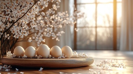 Fototapete - Easter podium background 3d product egg spring happy flower display scene sale gold