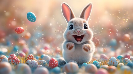 Poster - Running happy Easter bunny eggs flying everywhere Space for text