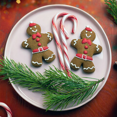 Delightful Christmas treat! Two charming gingerbread men, adorned with festive icing, rest on a pink plate alongside candy canes and pine sprigs. A perfect holiday image!