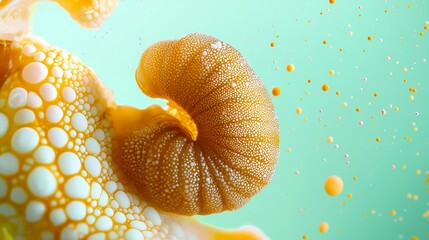 Wall Mural -  A tight shot of a sea anemone against a backdrop of blue and green waters Bubbles and water droplets surround it