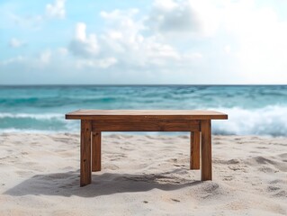 Sticker - Wooden beach table with ocean view ideal for displaying summer or beach related items empty table for product concept copy space