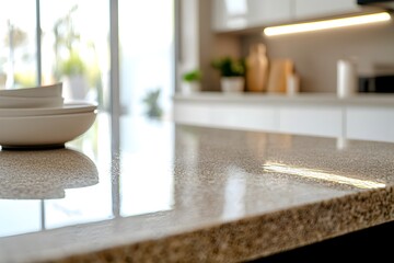 Poster - Polished Granite Table In Modern Minimalist Kitchen Setting For Product Showcase