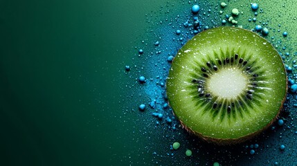 Wall Mural -  A kiwi, sliced in half, atop a blue-green liquid surface with water drops surrounding it