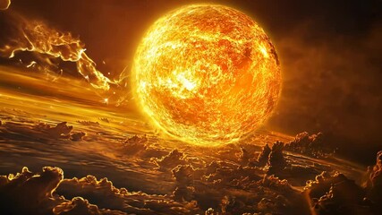 Wall Mural - a fiery sun fills the sky, casting an orange glow on the clouds below