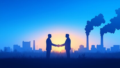 Two figures shake hands against a sunset backdrop, with industrial smokestacks emitting pollution, highlighting the contrast between nature and industry.