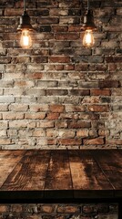 Poster - Dark Wooden Table Showcasing Vintage or Handcrafted Products Against Brick Wall with Industrial Lighting