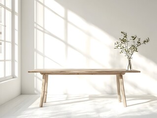 Canvas Print - Scandinavian Style Wooden Table in Bright Airy Space for Minimalist Product Display and Photography