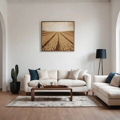 Grunge old accent coffee table near white sofa against arched window and white wall with big art poster frame. Minimalist, art deco interior design of modern living room, home.