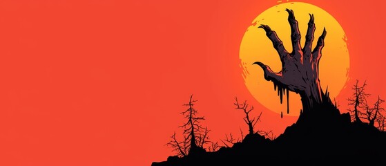  A zombie hand emerges from the ground against an orange and red sunset backdrop