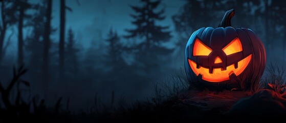  A jack-o-lantern in a forest's heart at night, under a full moon's backdrop