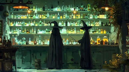 Witches in magic cabin brewing potion with glowing bottles, fantasy Halloween sorcerers in dark tavern mystical green light digital art illustration