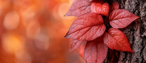 Wall Mural -  A tree trunk with a red plant at its core, closely framed; background softly blurred