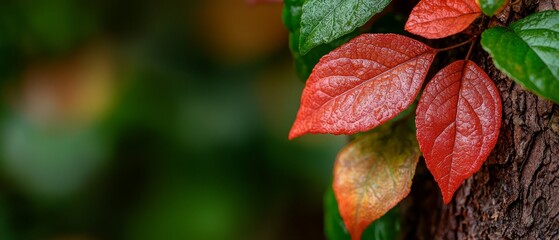 Wall Mural -  A tight shot of a tree with red and green leaves intermixed on its bark, along with distinct green foliage