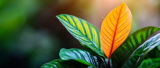 Wall Mural -  A tight shot of a green-orange plant with an orange leaf atop, displaying a vibrant orb-shaped leaf