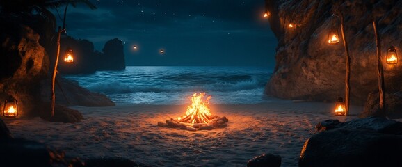 Poster - A bonfire burns brightly on a beach under a starry night sky. The fire is surrounded by rocks and the ocean can be seen in the distance.