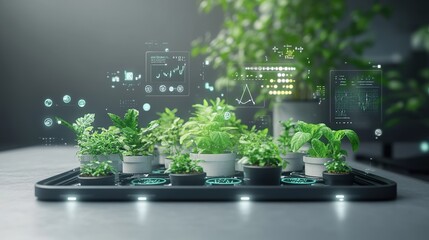 Smart farming technology with digital interface showing data and growth of plants in pots.