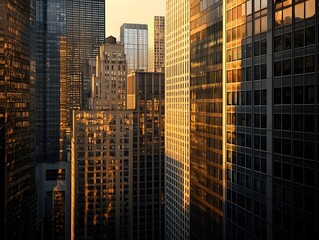 Poster - Serene City Skyline at Dawn with Towering Skyscrapers Casting Long Shadows Across the Metropolis