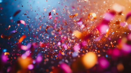 Poster - A colorful explosion of confetti with a blue background. The confetti is in various colors and sizes, creating a vibrant and lively atmosphere