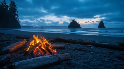 Poster - A bonfire burns brightly on a sandy beach at dusk, with rocky outcroppings in the distance and a dramatic sky overhead.