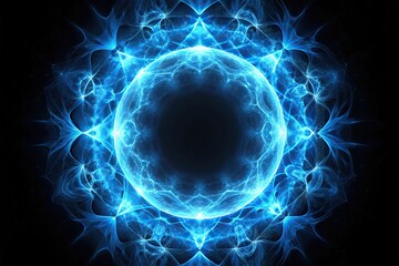 Asymmetrical glowing blue fractal portal on isolated black background