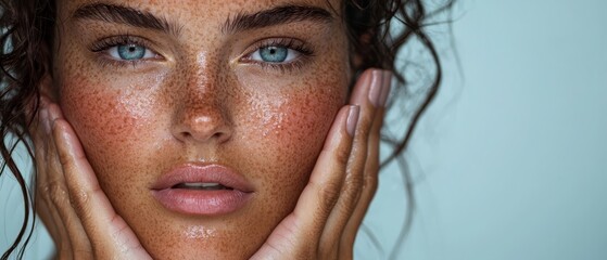 Wall Mural -  A close-up of a woman's face, freckled hands touching it Her visage bears numerous freckles