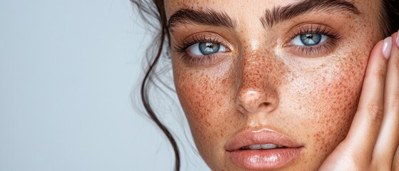 Wall Mural -  A woman with freckled hair and blue eyes places a hand before her face, gazing into the camera