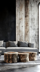 Two rustic wooden coffee tables in front of a gray sofa in a modern living room with a black wall and a window behind.