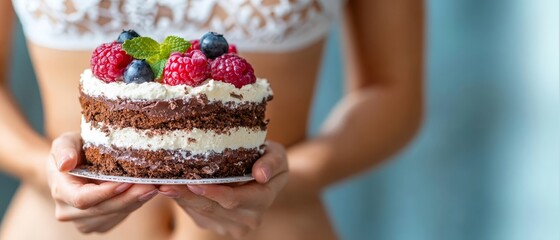 Wall Mural -  A tight shot of an individual's hands, adorned with a birthday cake The delectable treat is garnished with ripe raspberries and blueberries atop