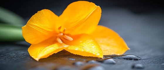 Wall Mural -  A tight shot of a yellow flower, dewdrops glistening on its petals, and a verdant plant in the backdrop