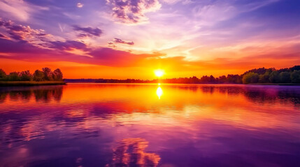 Wall Mural - A tranquil lake during sunset, with vibrant orange and purple hues reflected in the water.