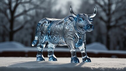 Wall Mural - A blue glass bull figurine stands on a snow-covered surface with a blurred background of trees.