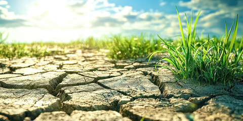 a dry, cracked field with a patch of grass in the middle
